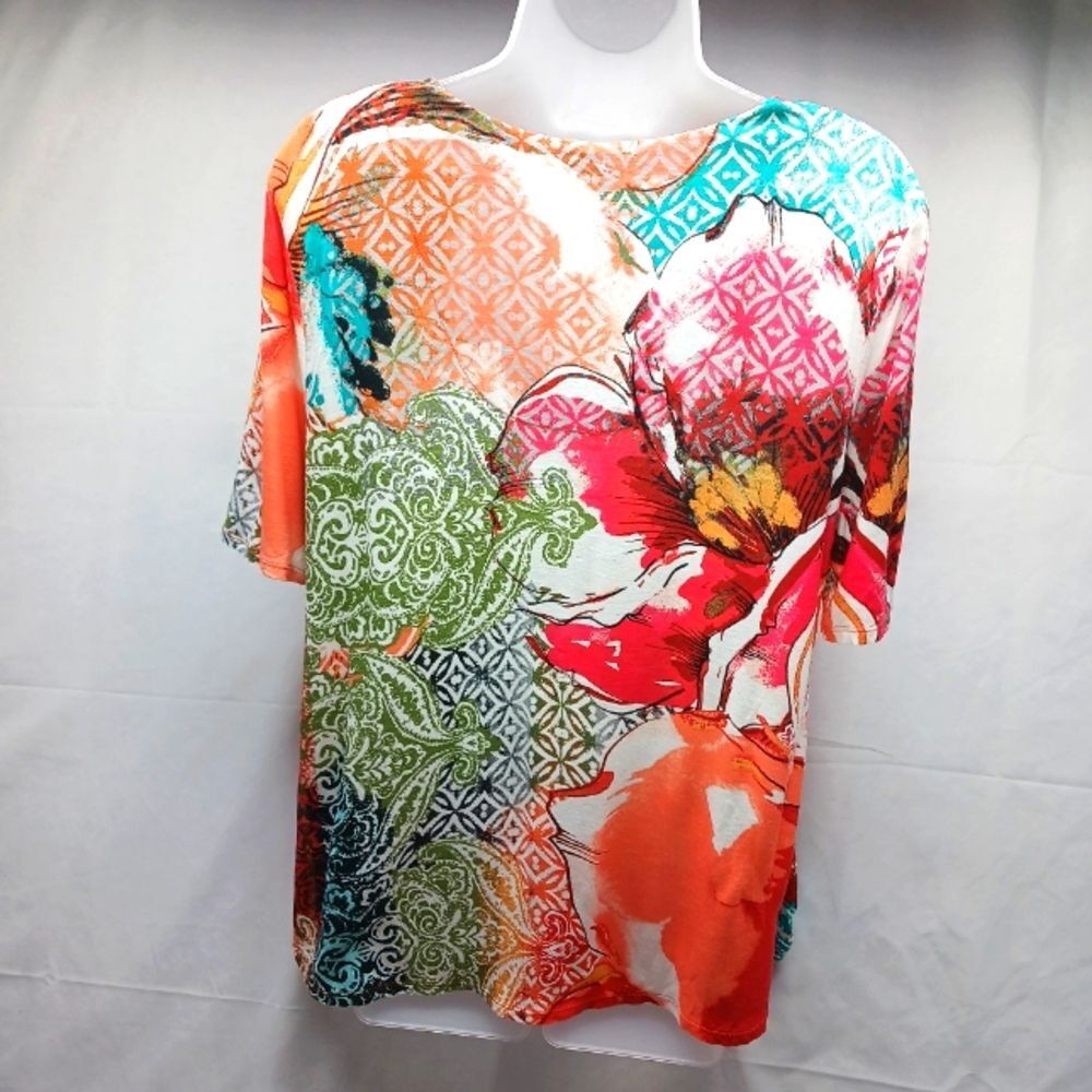 Chico's 100% Rayon Abstract Foral Print Blouse/Tunic Woman 2 V-Neck. Multicolor - Picture 4 of 12